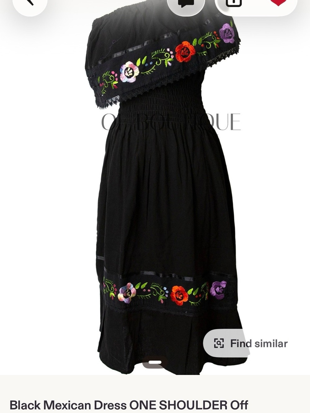 Bohemian One-Shoulder Black Dress with Floral Embroidery